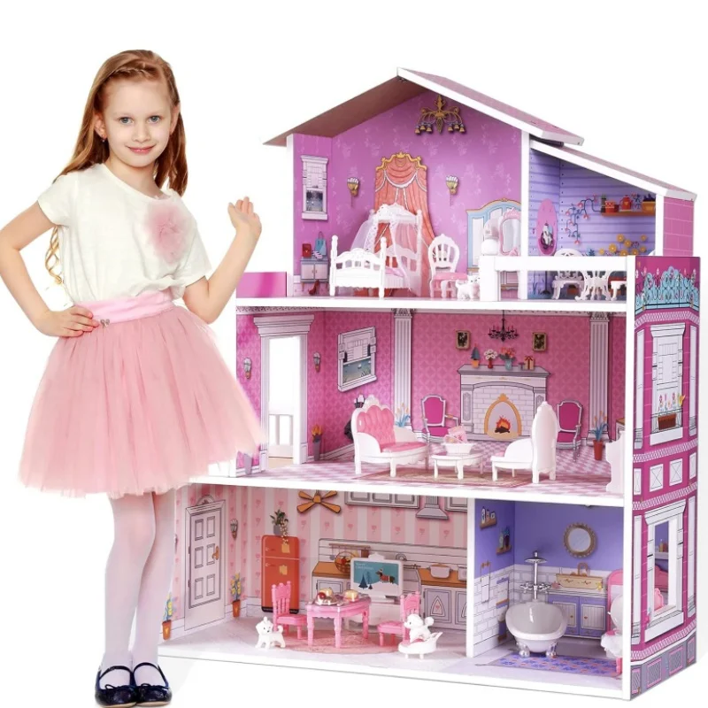 Robud Dolls House Kids Wooden Toy Dollhouse with Furniture and Accessories Wood Doll House Kids Gifts for Girls Age 3+