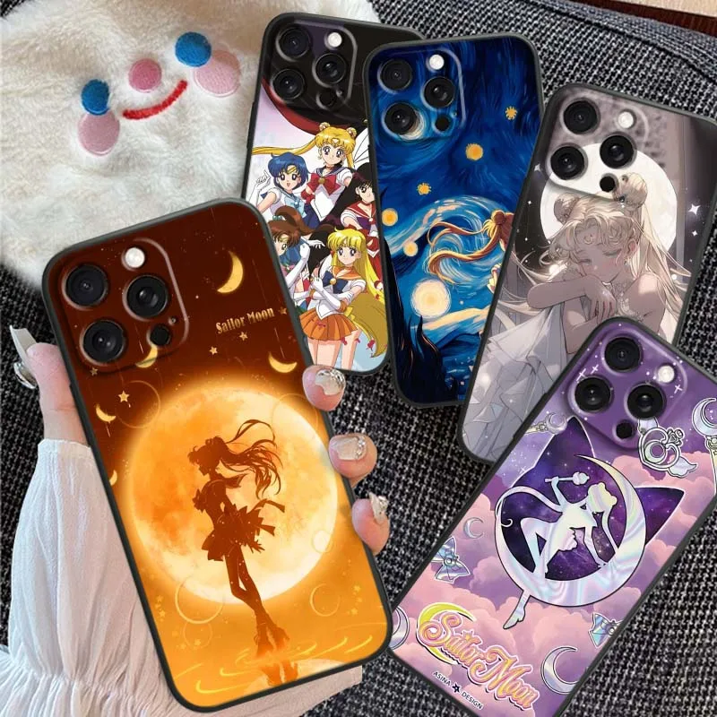 

Anime S-Sailors M-Moons Art Phone Case For Apple iPhone 16 16E 15 14 13 12 11 XS X Pro Max Plus Black Soft Silicone Cover