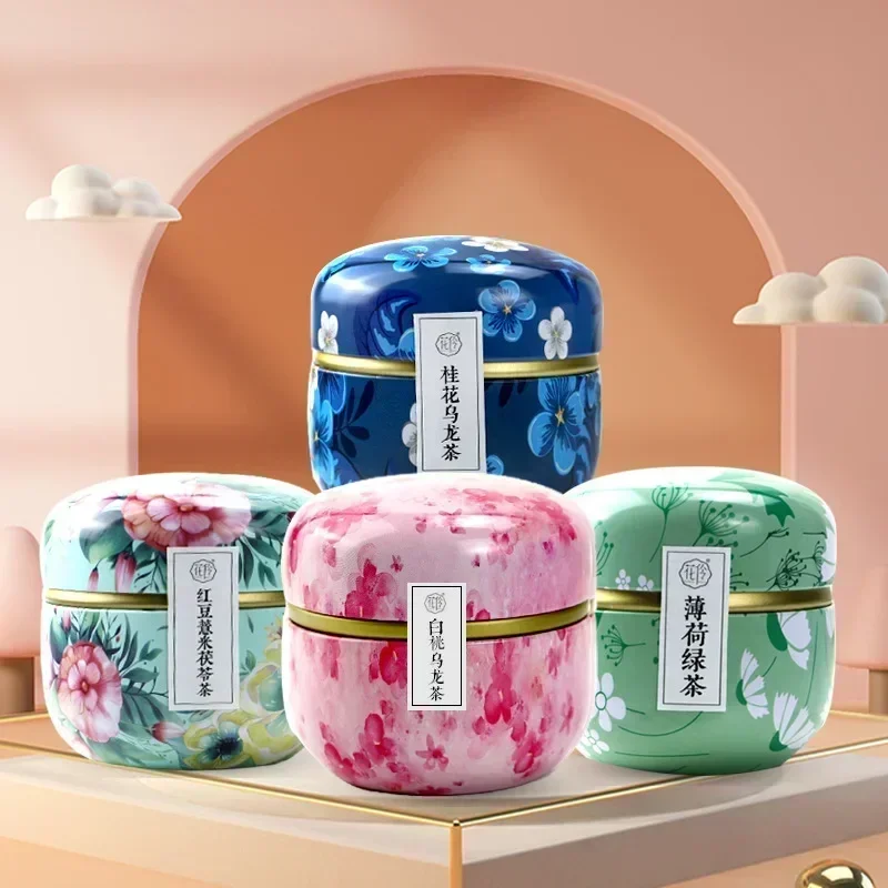 Portable Round Tea Box Flower Printed Metal Jars Universal Tea Storage Sealed Container Tinplate Tea Can Household Supplies