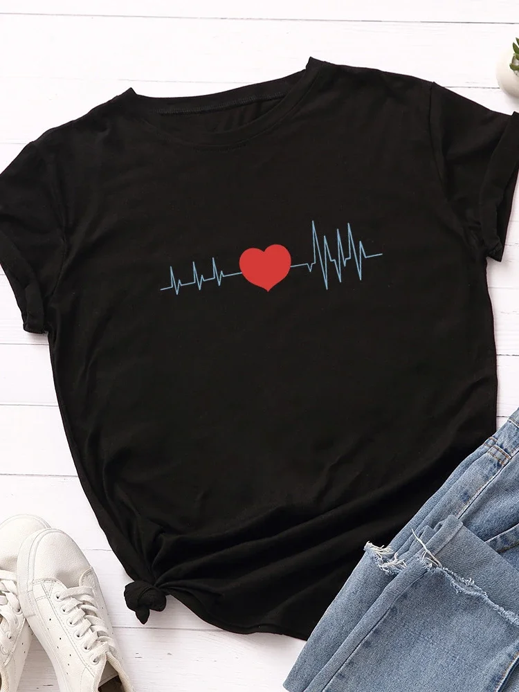 

Electrocardiogram Heart Print Women T Shirt Short Sleeve O Neck Loose Women Tshirt Ladies Tee Shirt Tops Clothes Camisetas Mujer