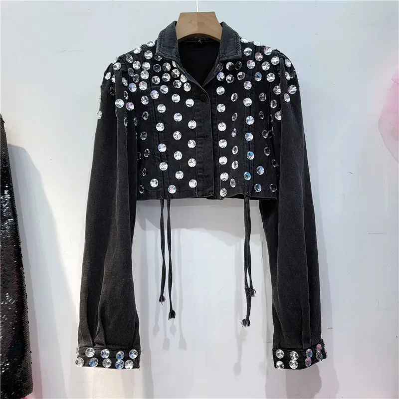 

Fashion Diamonds Black Denim Jackets Women Korean Slim High Waist Extra Short Cowboy Outwear Drawstring Jeans Jacket Coat Female