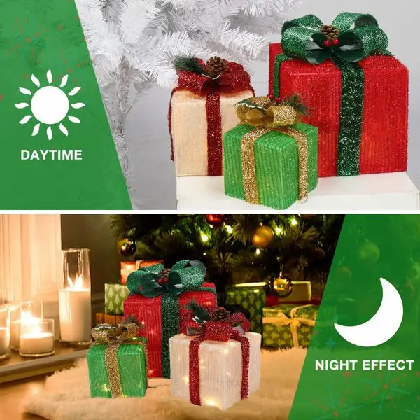 Conjunto de caixa de presente de Natal iluminada por LED de 3 peças com luzes brancas quentes - Alimentado por bateria para decoração de férias internas e externas, 3 tamanhos em