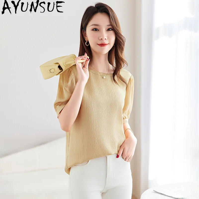 AYUNSUE 41.1% Real Mulberry Silk Tops for Woman 14MM Silk Women T Shirts Textured Jacquard Tops Summer Clothing 2026 Топ Женский