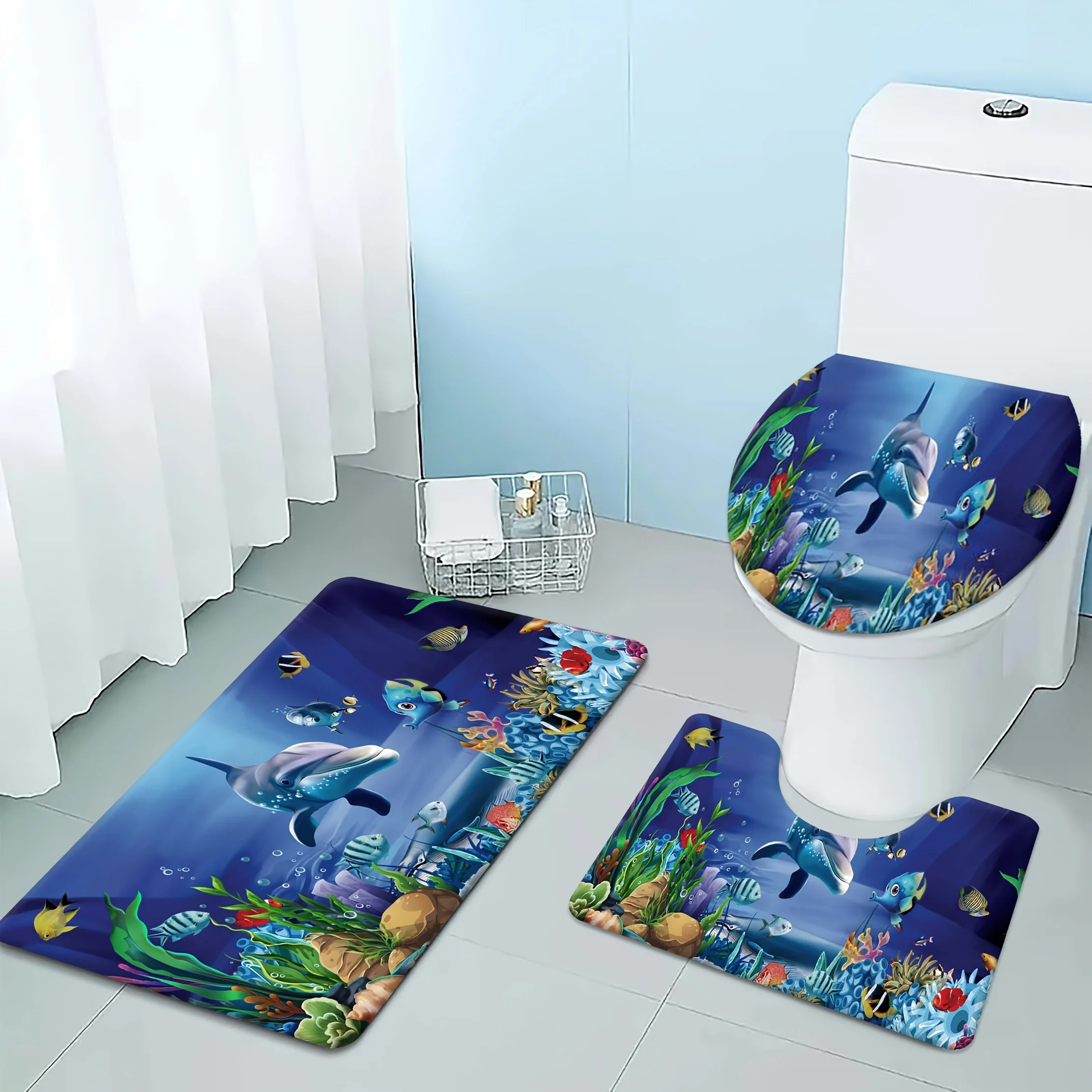 

Набор подводных ковриков для ванной из 3 предметов — дизайн «Дельфин и коралловый риф», мягкий впитывающий и противоскользящий, очаровательный декор океана