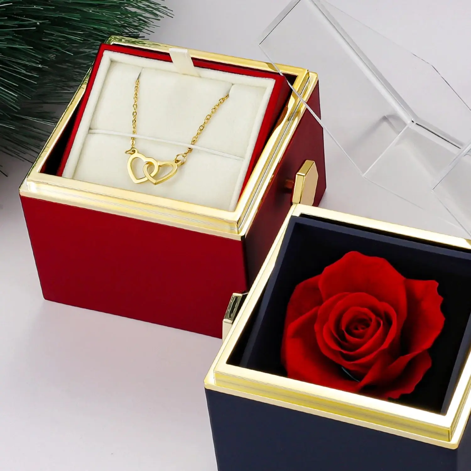 

New Valentine Eternal Rose Jewelry Ring Box Rotate Wedding Pendant Necklace Storage Case for Women Girlfriend ChristmasGift