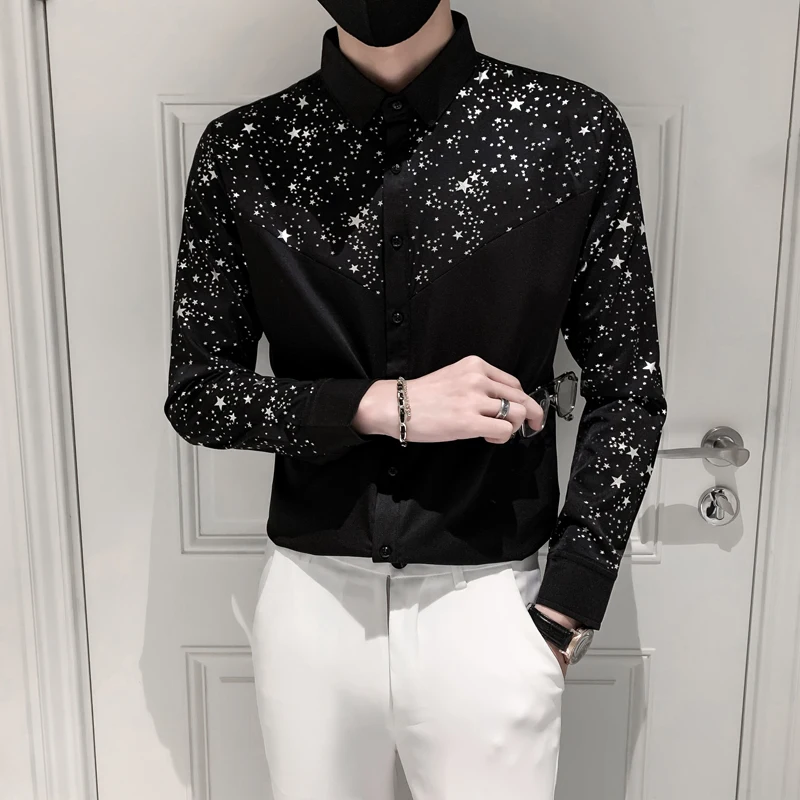 Star Printed Polka Dot Shirts Tops Men High Quality Long Sleeve Casual Male Silk Shirt Party Bar Slim Fit Floral Mens Clothing
