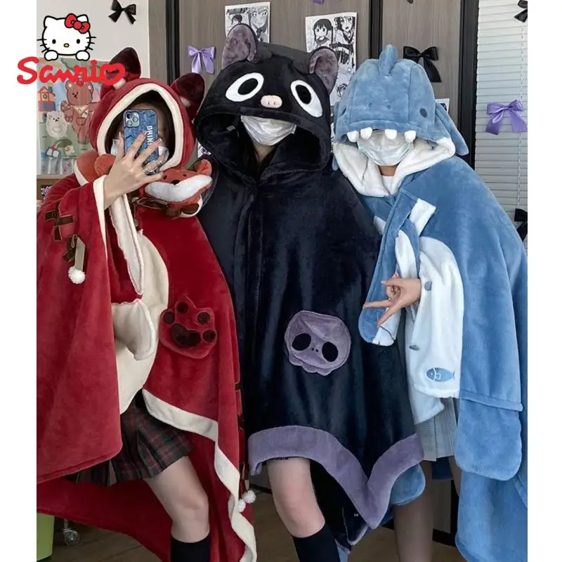 Kuromi Bat Plush Velvet Cloak Pajamas Y2K Anime Shawl Shark Foxes Sleepwear Adults Winter Thickened Pajamas Female Blanket Cape