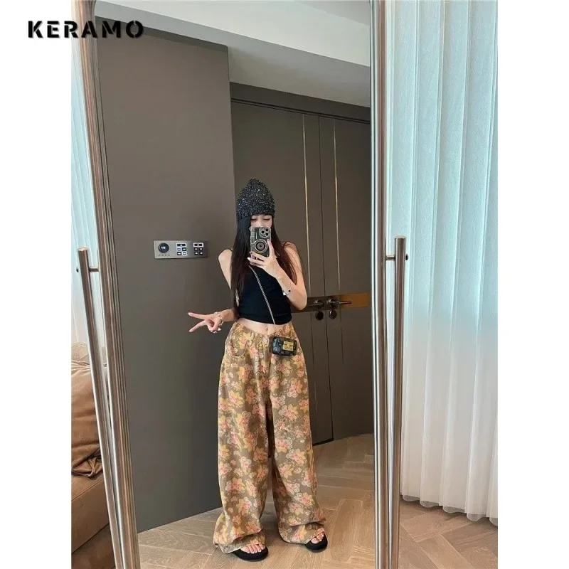 Feminino retro y2k baggy floral impressão denim calças lavadas vintage calças casuais grunge oversized rua cintura alta jeans trashy