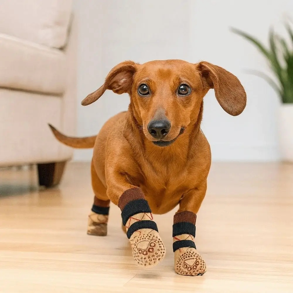 

4pcs/set Thickened Anti-Slip Dog Socks Adjustable Breathable Dog Foot Covers Comfortable Knitted Dog Footwear Outdoor Use