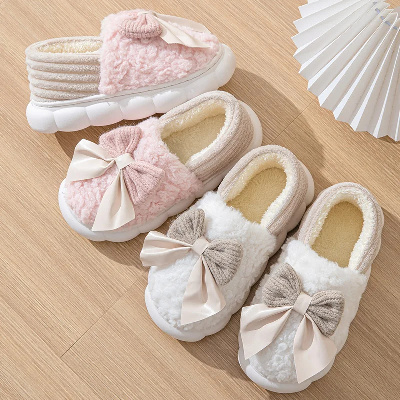 Bow cotton slippers new cotton shoes for women home autumn winter indoor warm moon cotton mop support winter