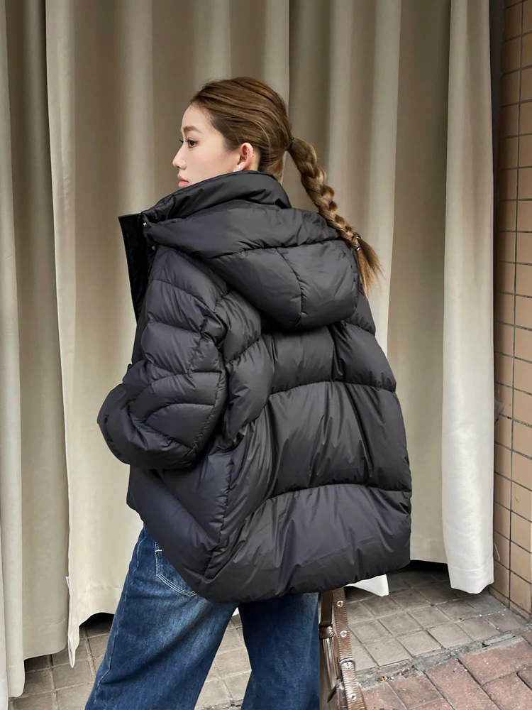 Oversize Women\'s Hooded down jacket 2024 Winter High quality Brown 90% long sleeve puffer coat Lady outwear Warm INKEO DJ008