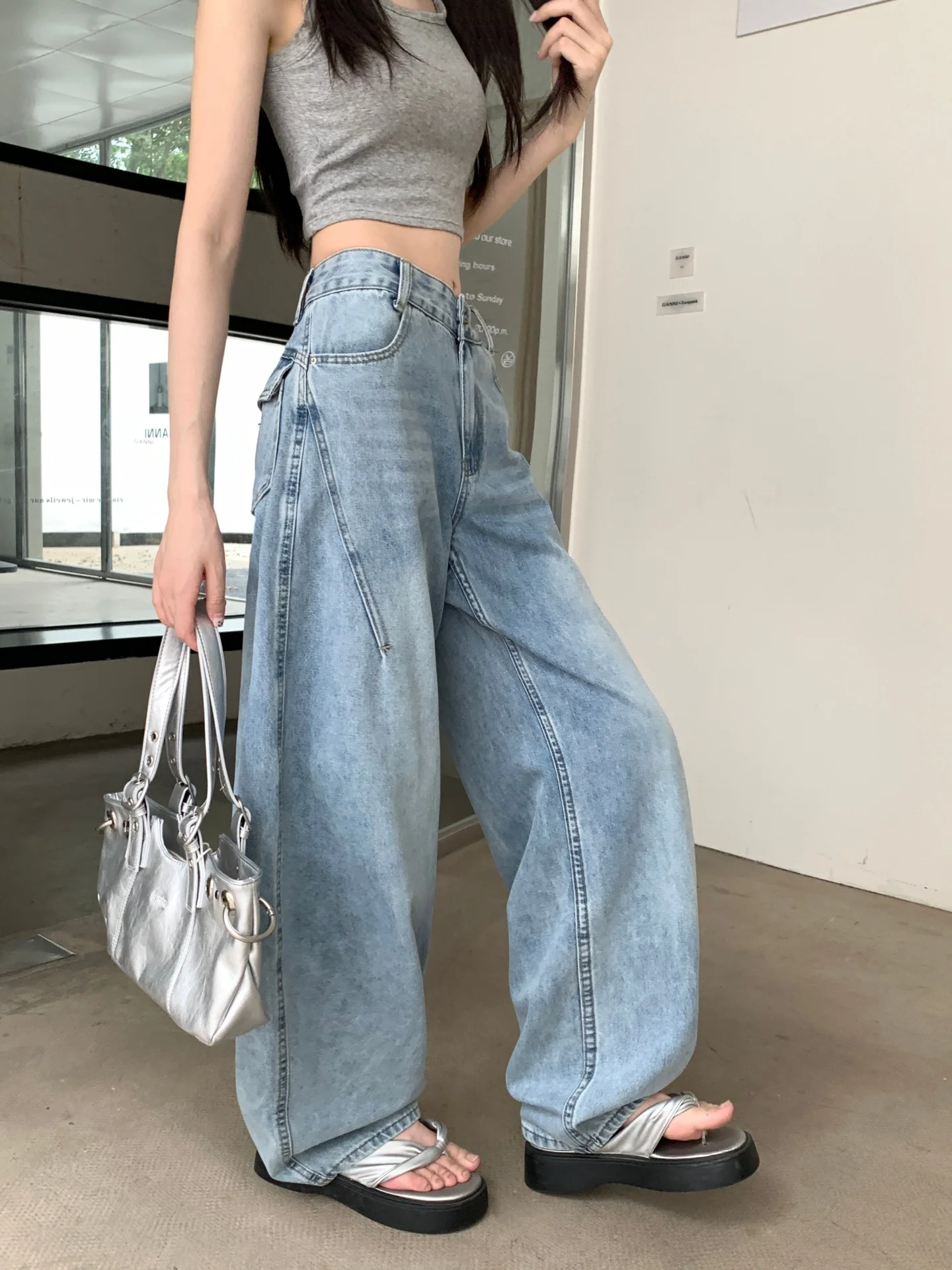

High Waist Distressed Washed Denim Wide Leg Pants Women's Straight Cut Summer Versatile Casual Long Trousers