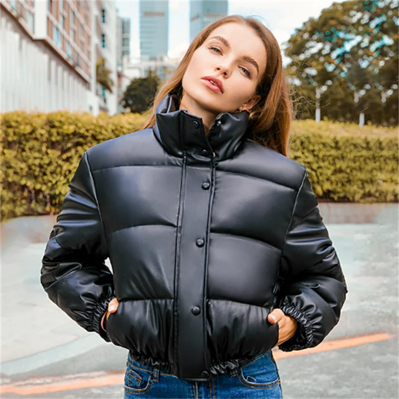 Winter Warm Thick PU Leather Coats Women Short Parkas Fashion Black Cotton Padded Lady Down Jacket Elegant Zipper Clothes 2022