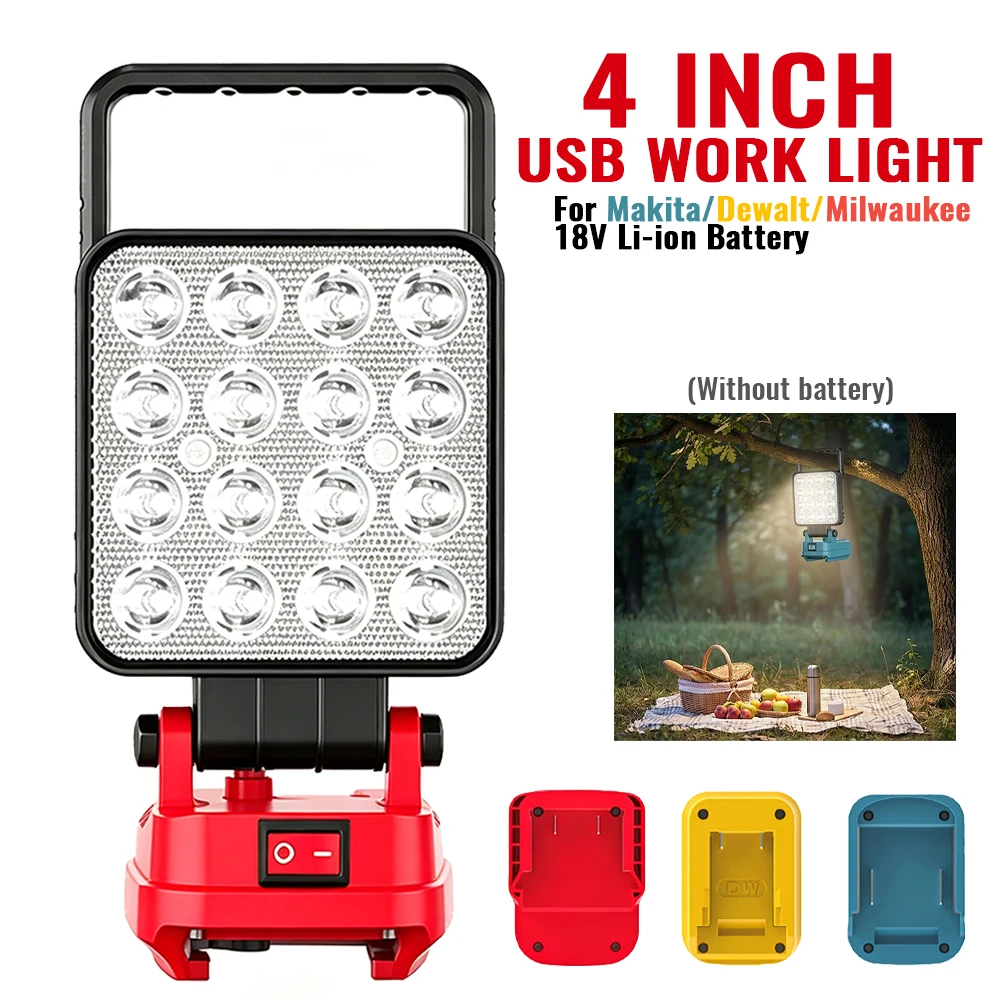 

For Makita/Milwaukee/Dewalt 18V LED Work Lights Battery Lamp Hand Lantern Spotlight USB Charger Power Tool Parts