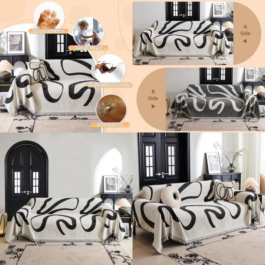 

Boho Couch Cover Super Soft Couch Covers for 2-3 Cushion Couch Sofa, Modern Black Jacquard Sofa Slipcover Loveseat Futon Cover,