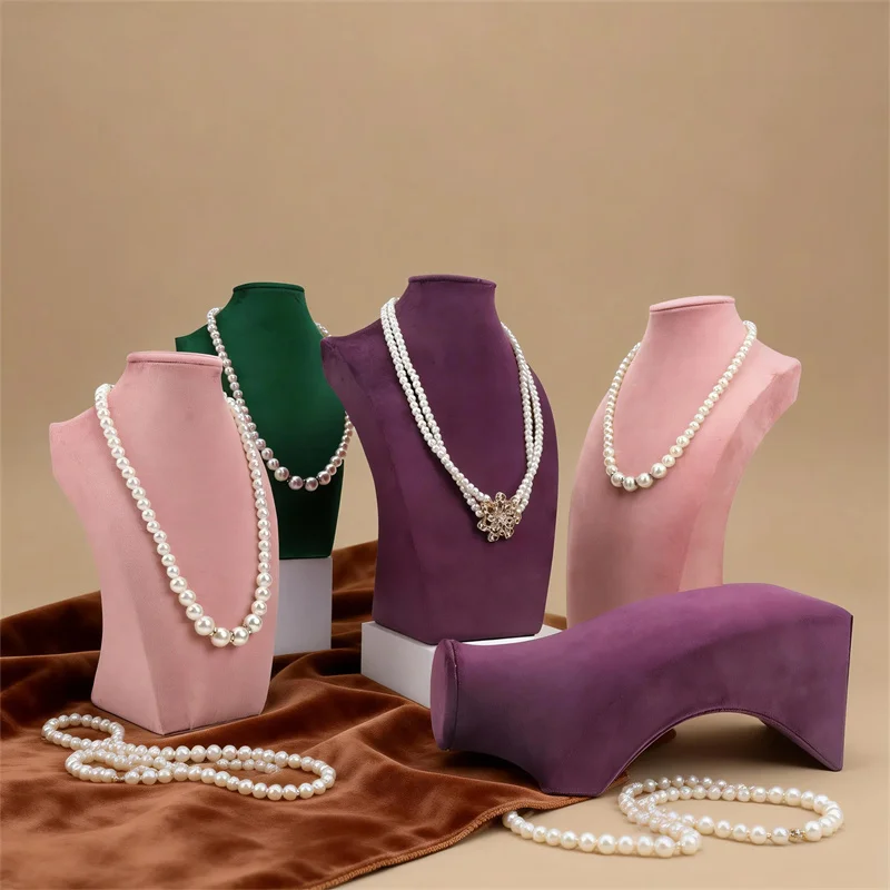 Wooden Thick Neck Jewelry Necklace Pendant Storage Display Stand White Leather Green Pink Purple Velvet Jewelry Display Props