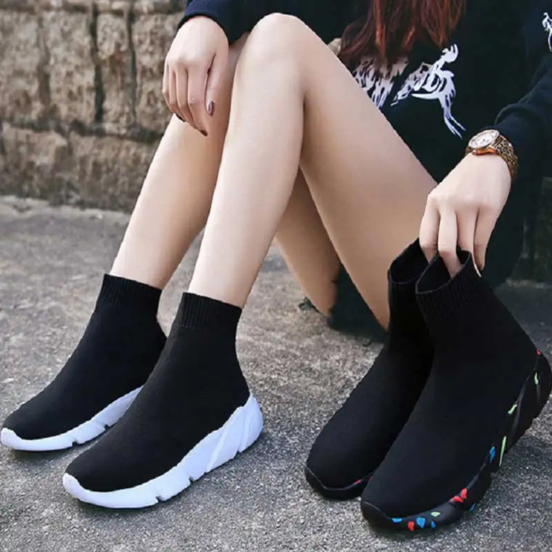 Spring Sneakers For Women Vulcanized Shoes Female Socks Shoes Trainers Women Slip-on Stretch Platform Shoes Black Sneaker Femme