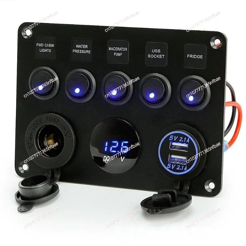 5-Way Round Rocker Switch Panel with USB Voltmeter & Cigarette Lighter Socket, 12V/24V Waterproof for Car Truck Marine DIY