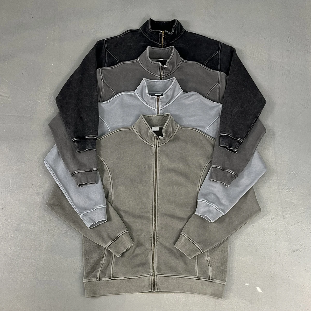 2025 Autumn Winter Stand Up Collar Distressed Zipper Sweatshirt Oversized Washed Zip Up Pullovers Men Outwear Streetwear Y2k
