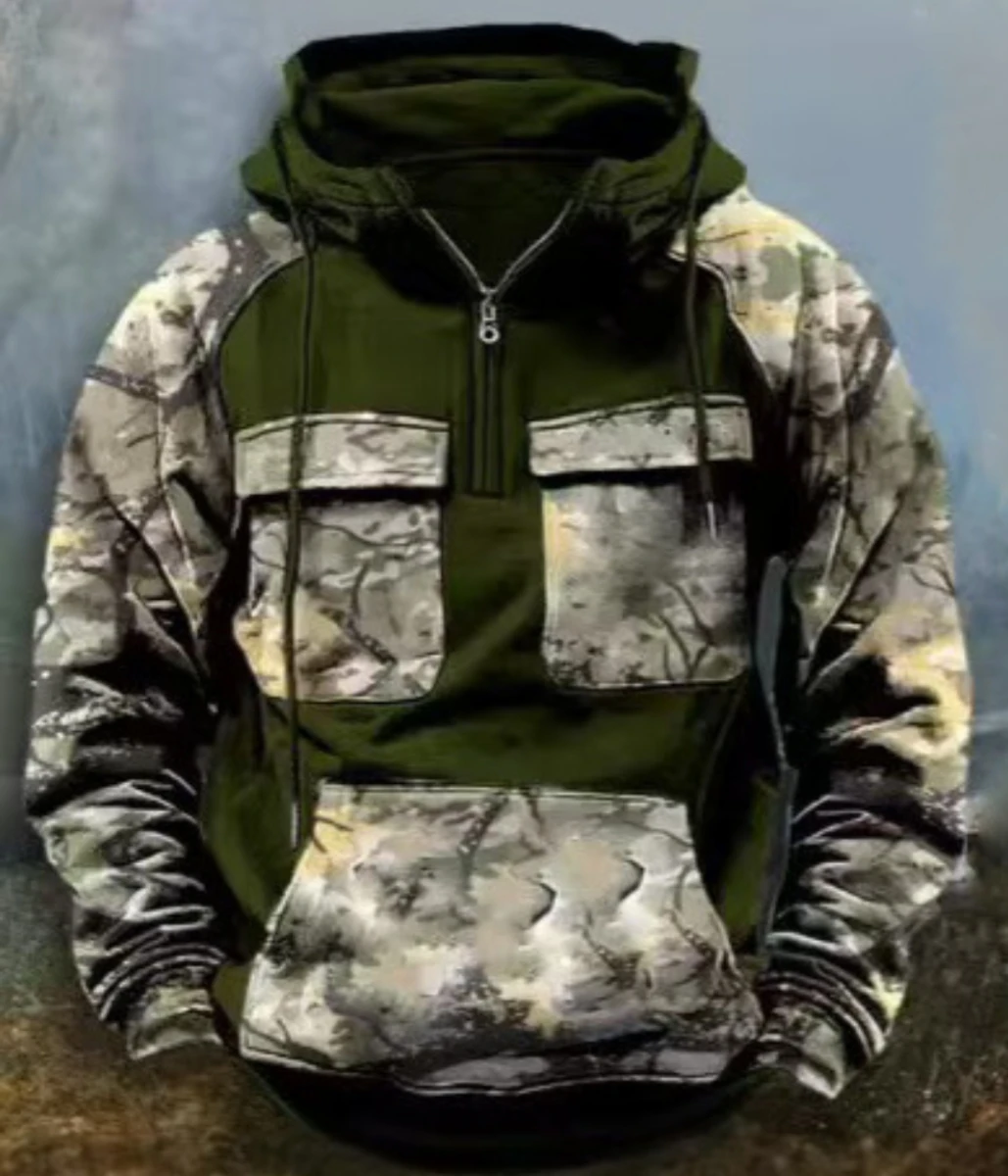 الرجال التمويه مقنعين البلوز نصف البريدي بلوفر رياضي غير رسمي في الهواء الطلق بقاء الخريف/الشتاء جديد 2025