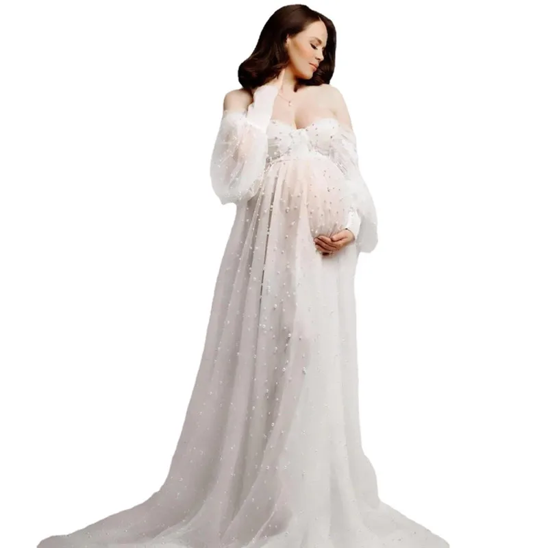 Maternity Photography Props Women Pregnancy Transparent Tulle Pearl Long Dresses for Photography photo shoot Props Cloth