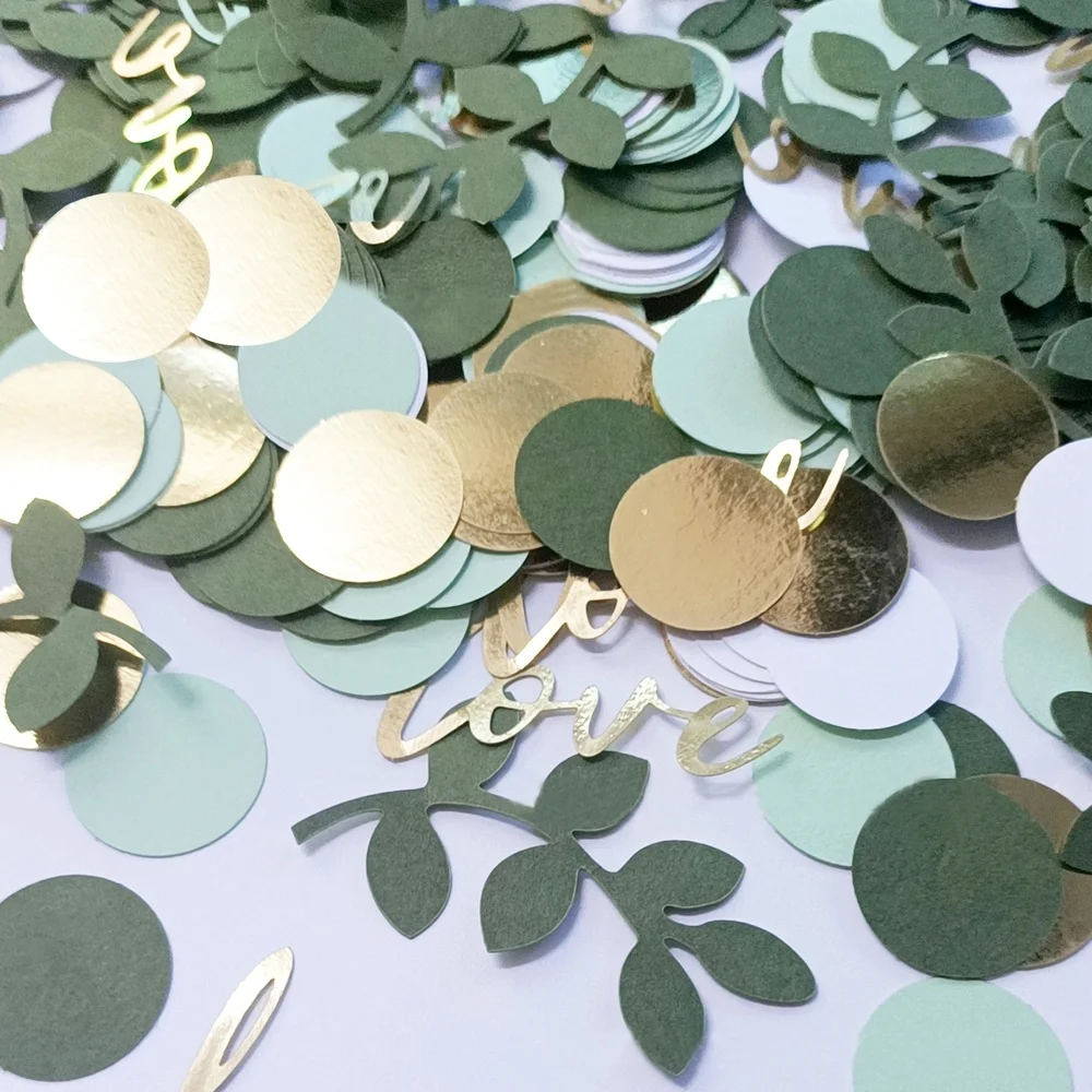 100PCS Sage Leaves Confetti Green Gold Round Paper Love Confetti for Wedding Birthday Party Decorations Table Scatter Supplies