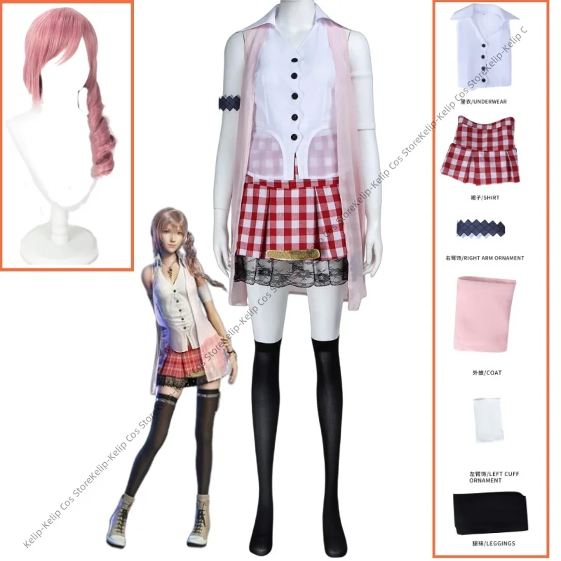 Juego Final Fantasy XIII ‌   Disfraz de Serah Farron, chal rosa, falda de rejilla, peluca, mujer adulta, traje de ocio diario bonito y Sexy