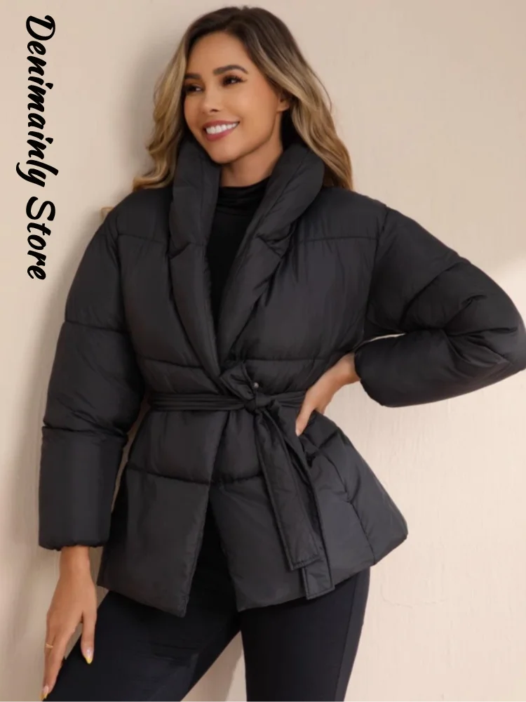 Fashion Black Tie Waist Puffer Jacket Women Belt Shawl Collar Full Sleeve Street Warm Coat 2025 Winter Lady Quilted Outwears New