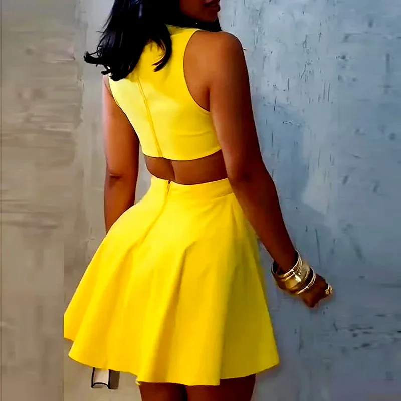 Robe d'été plissée, couleur unie, taille haute, bureau, bouton à revers, ligne A, Sexy, sans manches, Slim, courte