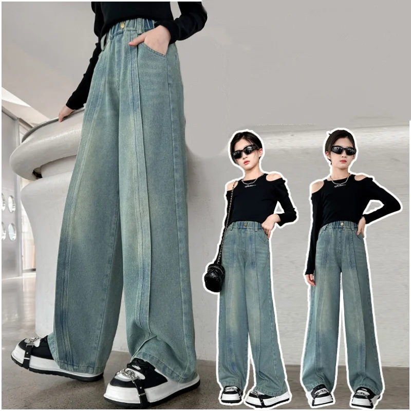 

Girls Jeans Ages 4-14Y Teen Straight Denim Teenage Vintage Trousers Toddler Girl Casual Fashion Denim Bottom Kids Y2k Long Pants