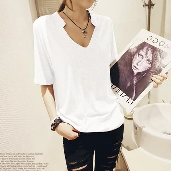 T-shirt allentata V-Ne ort Sve da donna estiva coreana Sle versatile dimagrante taglia grande f Sve Top colore puro