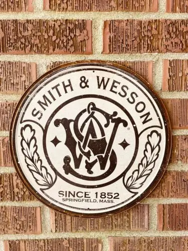 Smith & Wesson - Round HOME / GARAGE TIN SIGN Vintage logo gun ammo 11.75”Dia.