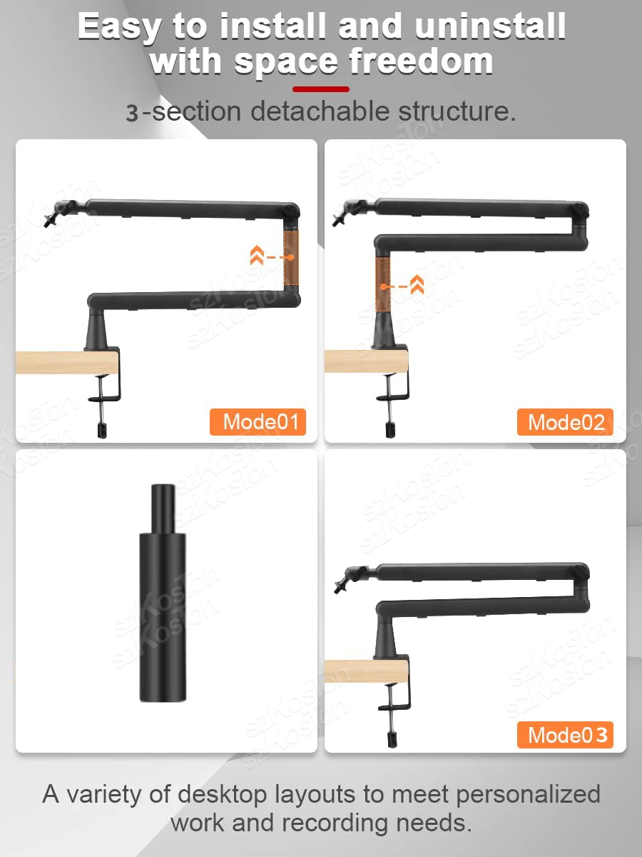 حامل ميكروفون منخفض المستوى مكتب قابل للتعديل بذراع ميكروفون الاستوديو مع عمود رفع قابل للفصل للتسجيل، Tiktok، البث المباشر