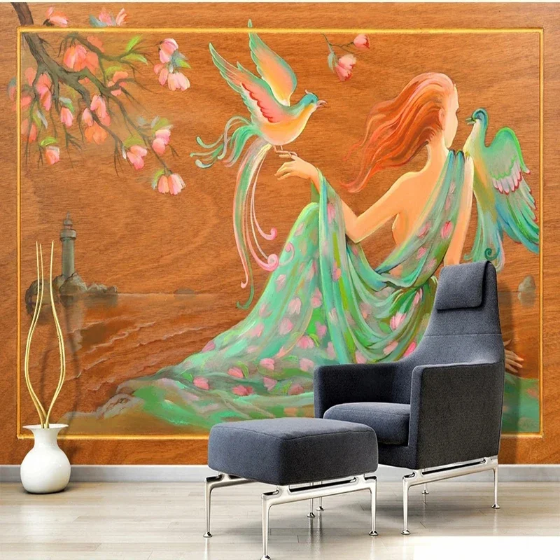 Custom Chinese Style Maid Figure Flower Myth Wall Cloth Wallpaper For Living Room Bedroom Background Wall Decor Papel De Parede