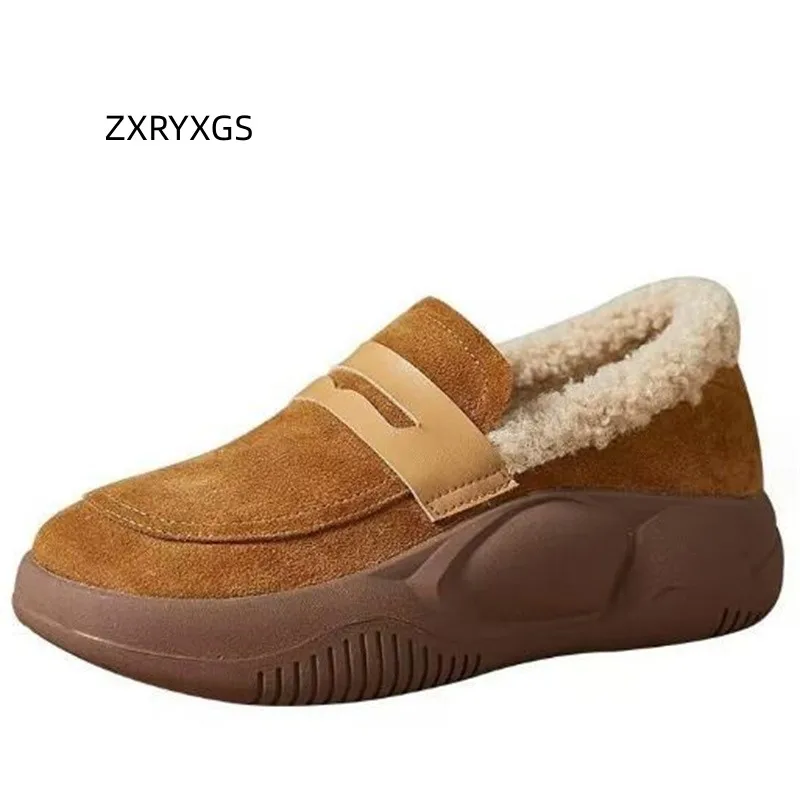 ZXRYXGS Premium PU Frosted Leather with Plush Snow Shoes Woman New 2023 Popular Round Toe Warm Shoes Winter Flats Casual Shoes