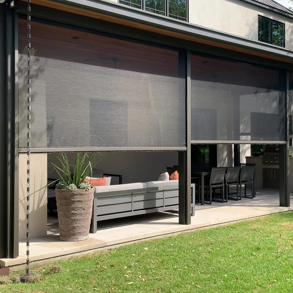 

Моторизованные водонепроницаемые патио на молнии, внешний роликовый козырек, уличные молнии, прозрачные электрические рулонные жалюзи для балкона из ПВХ