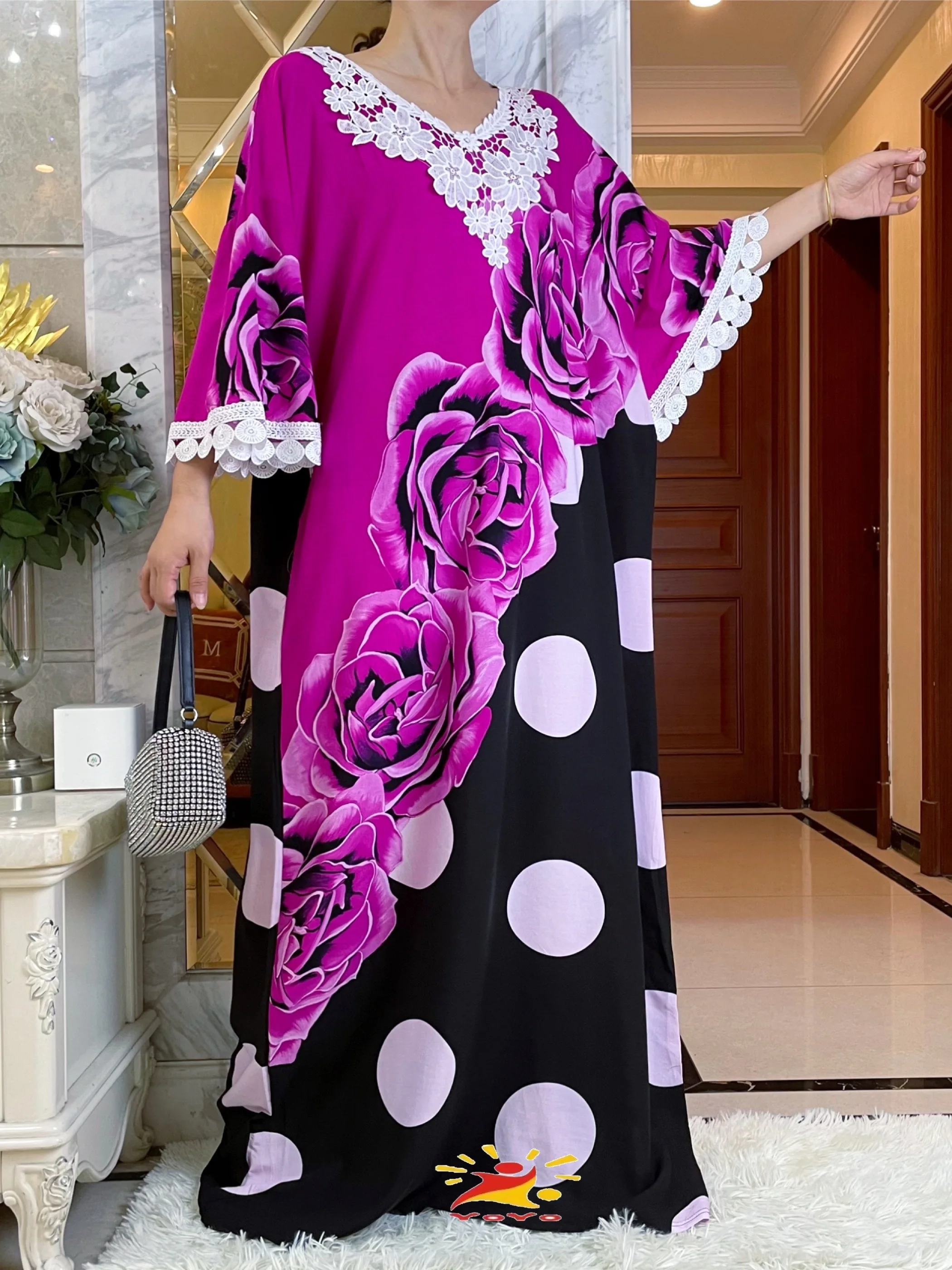 2023New Women Summer Bat Lace Sleeve Dresses Printed Floral With Big Scarf Loose Boubou Maxi Islam Cotton African Abaya Clothes