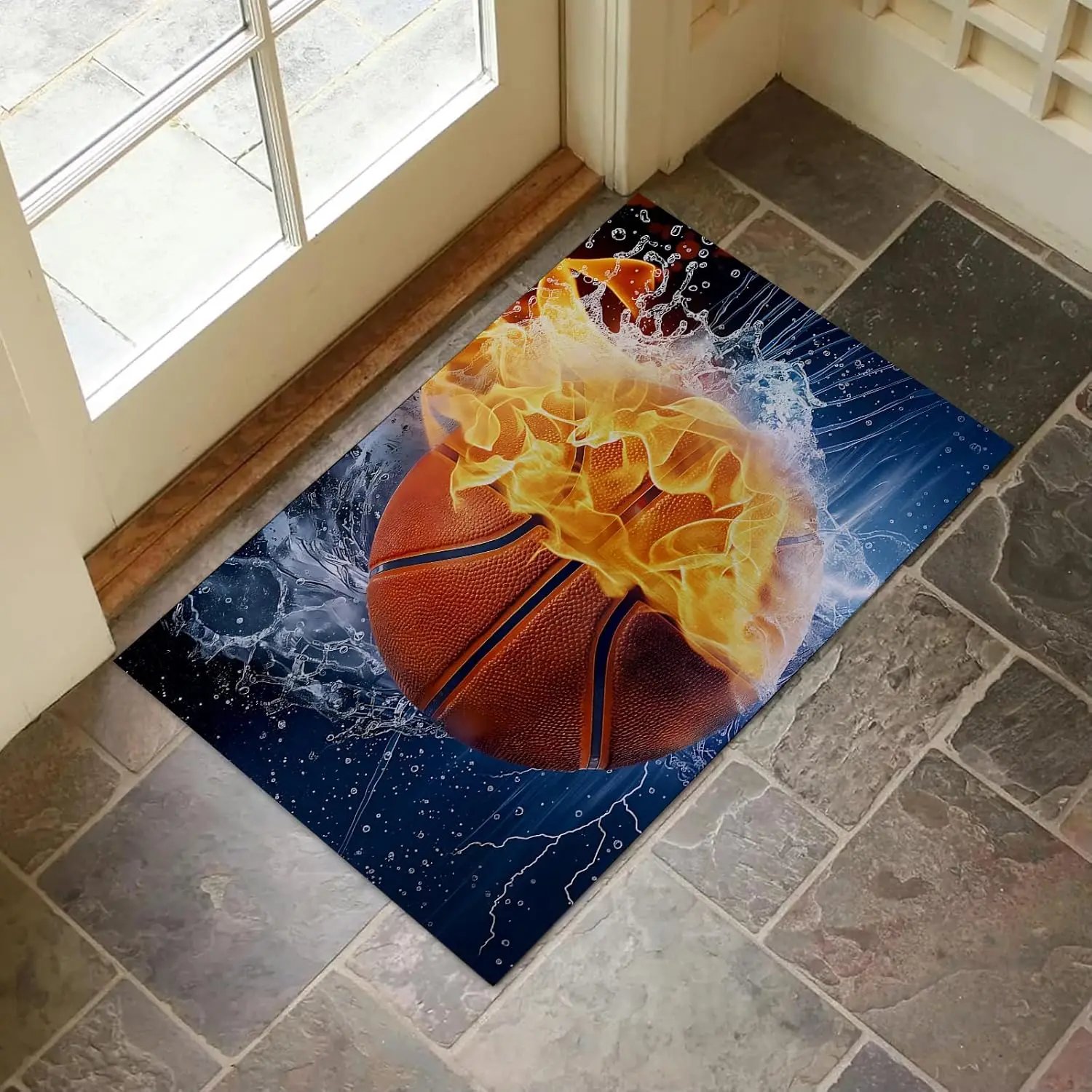 Fiery Basketball Door Mat Flame and Water Splash Design Non Slip Rug for Entryway