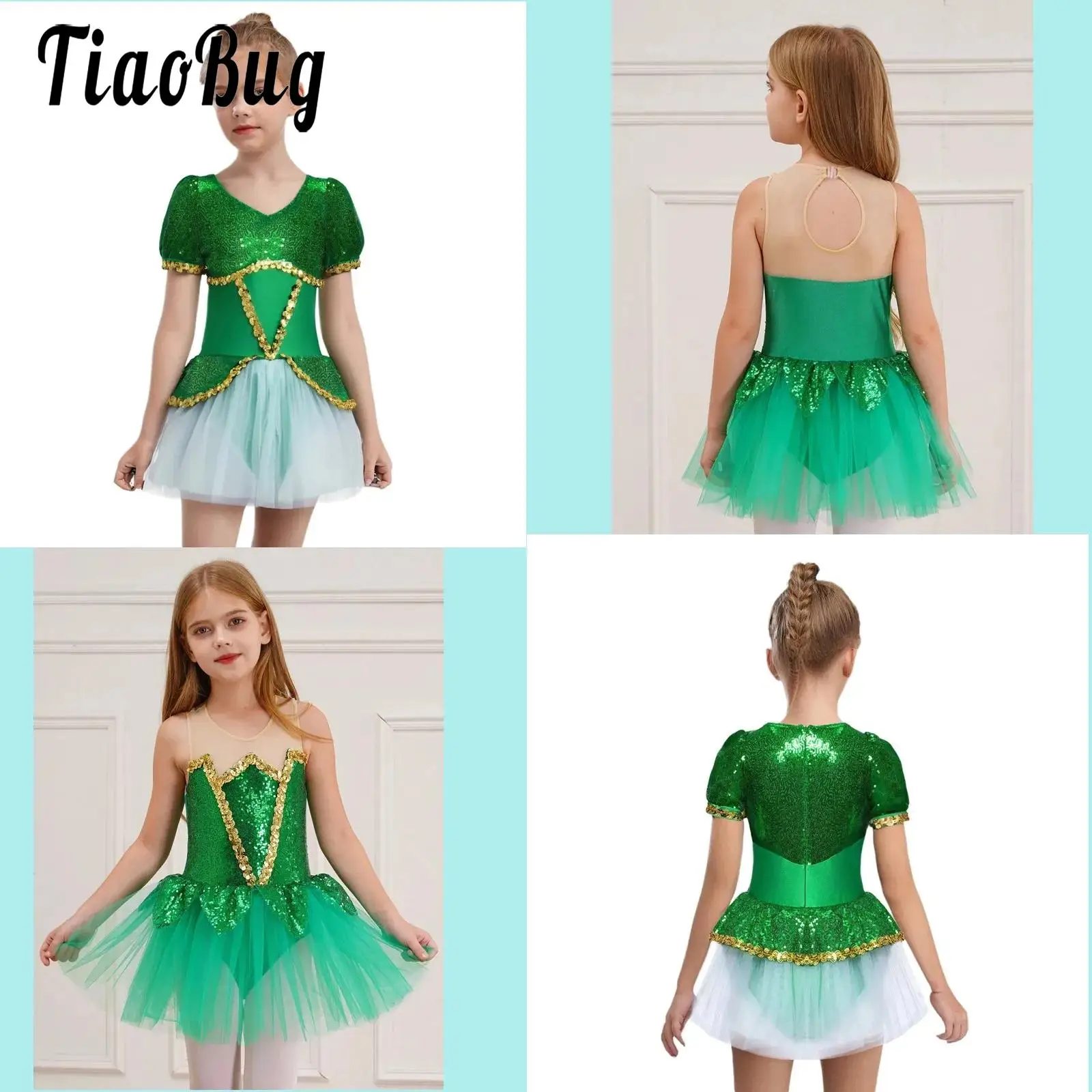 

Kids Girls Sparkly Elf Mesh Tutu Ballet Dance Dress Gymnastics Leotard Figure Skating Dance Halloween Fancy Dress Up Costume