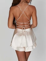 Women Sleeveless Satin Playsuits Fashion Summer Short Sling Backless Jumpsuits Cross Tie-Up Bandage Romper Streetwear Outfit - Image 2
