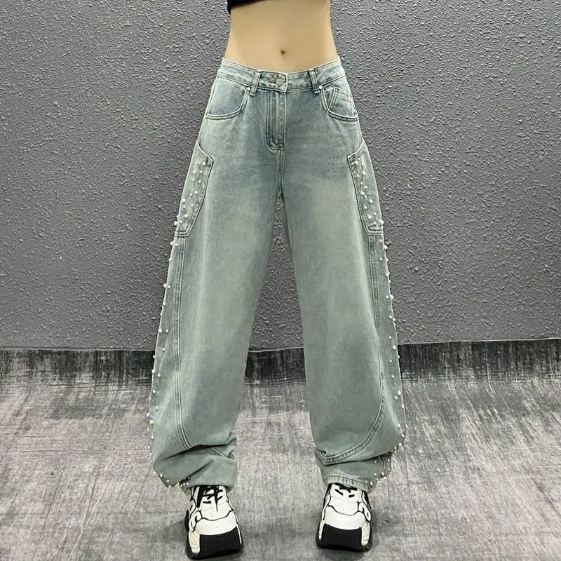 Side Pocket Design Beaded Denim Scimitar Pants Women Spring Summer New Niche High Waist Loose Slim Versatile Straight Pants
