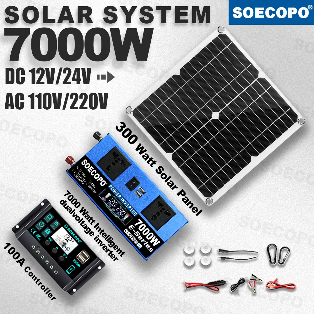 

SOECOPO® 7000W Home RV Camping Solar System Kit with 300W Panel+100A Controller+Inverter DC 12V/24V To AC 110V/220V CE/RoHS