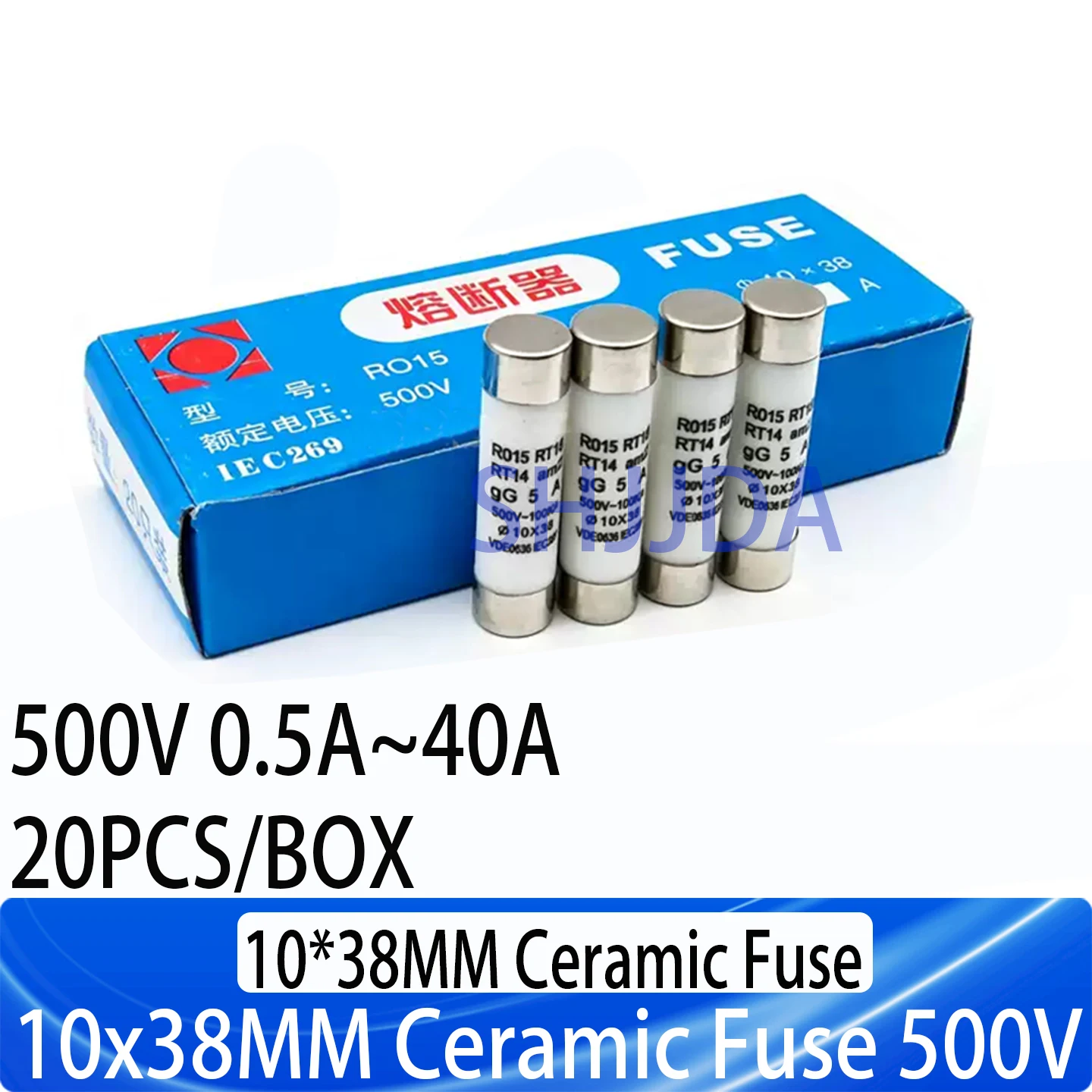 20PCS/BOX 10x38mm Ceramic Fuse 10*38mm 500V 500MA 0.5A 1A 2A 3A 4A 5A 6A 8A 10A 16A 20A 25A 32A 40A RO15 Ceramic Fuse