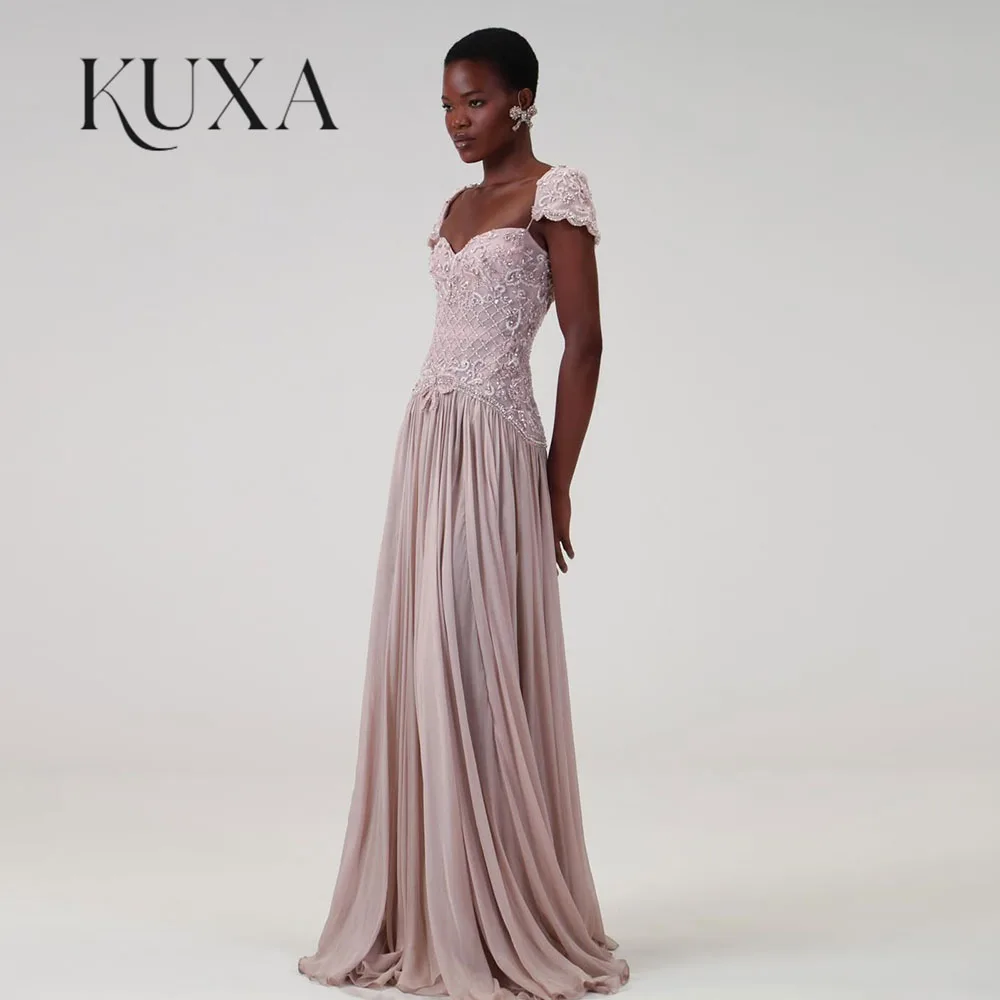 KUXA Elegante formelle Abendkleider mit Schleife, Perlen, V-Ausschnitt, kurzen Ärmeln, Chiffon-Saum, Ballkleid, maßgeschneidertes Partykleid 2026