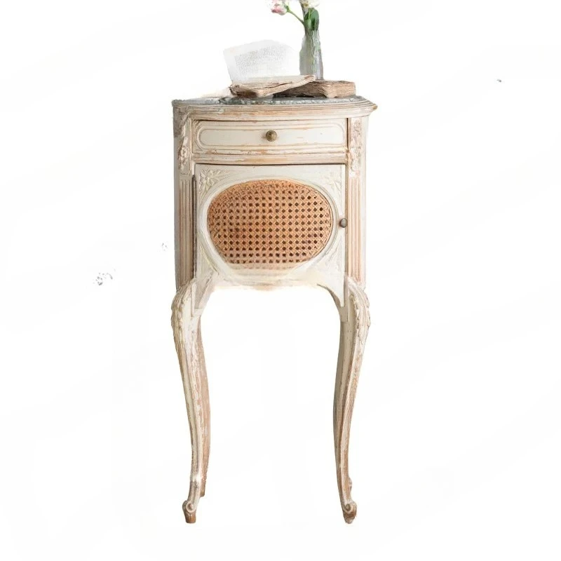 cream style retro old solid wood bedside table  hand-carved bedside table
