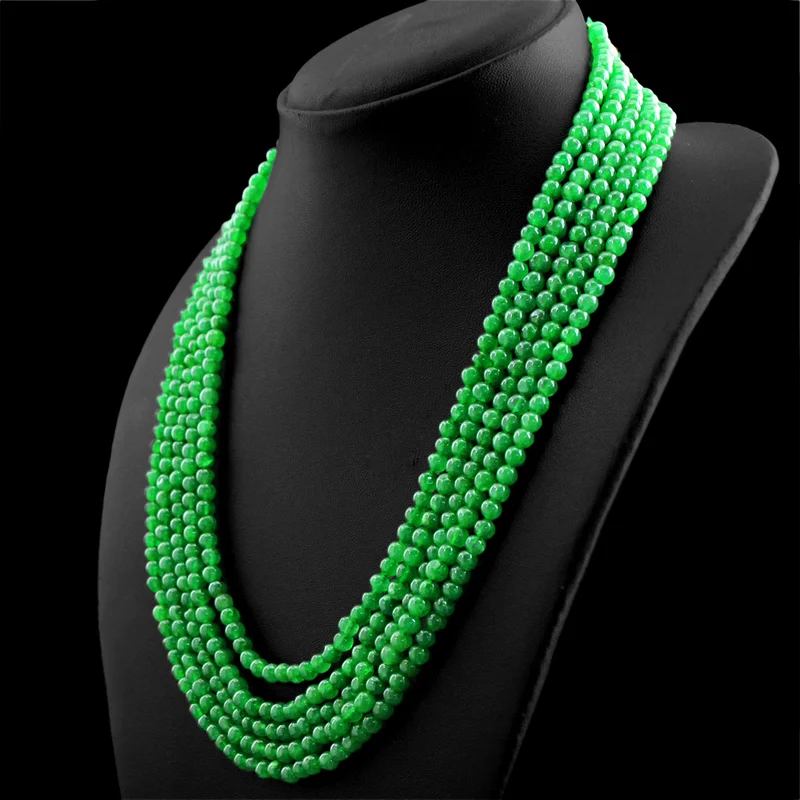 493.00 CTS EARTH MINED RICH GREEN EMERALD 5 STRAND ROUND SHAPE BEADS NECKLACE
