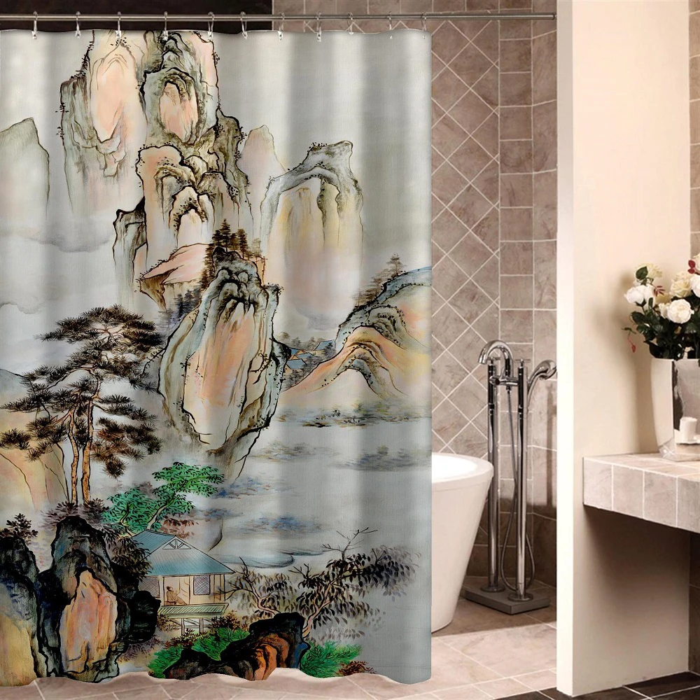 

Chinese landscape Mountain pine ink painting landscape Bathroom Shower Curtain set Floor Mat Toilet mat Waterproof Fabric