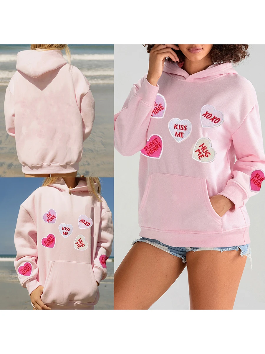 Valentine s Day Women s Long Sleeve Hooded Sweatshirt with Heart Embroidery and Kangaroo Pocket Pullover Hoodie