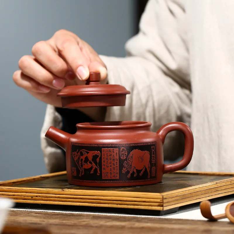 Yixing Purple Clay  Raw ore Dahongpao Carved and Painted Five Niu De Bell Teapot purple sand teapot Yixing handmade