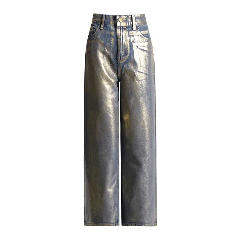 Jeans de perna reta de cintura alta para mulheres, tendência retrô, calças de perna larga, design bronzeamento, rua hipster, novo, primavera, 2022